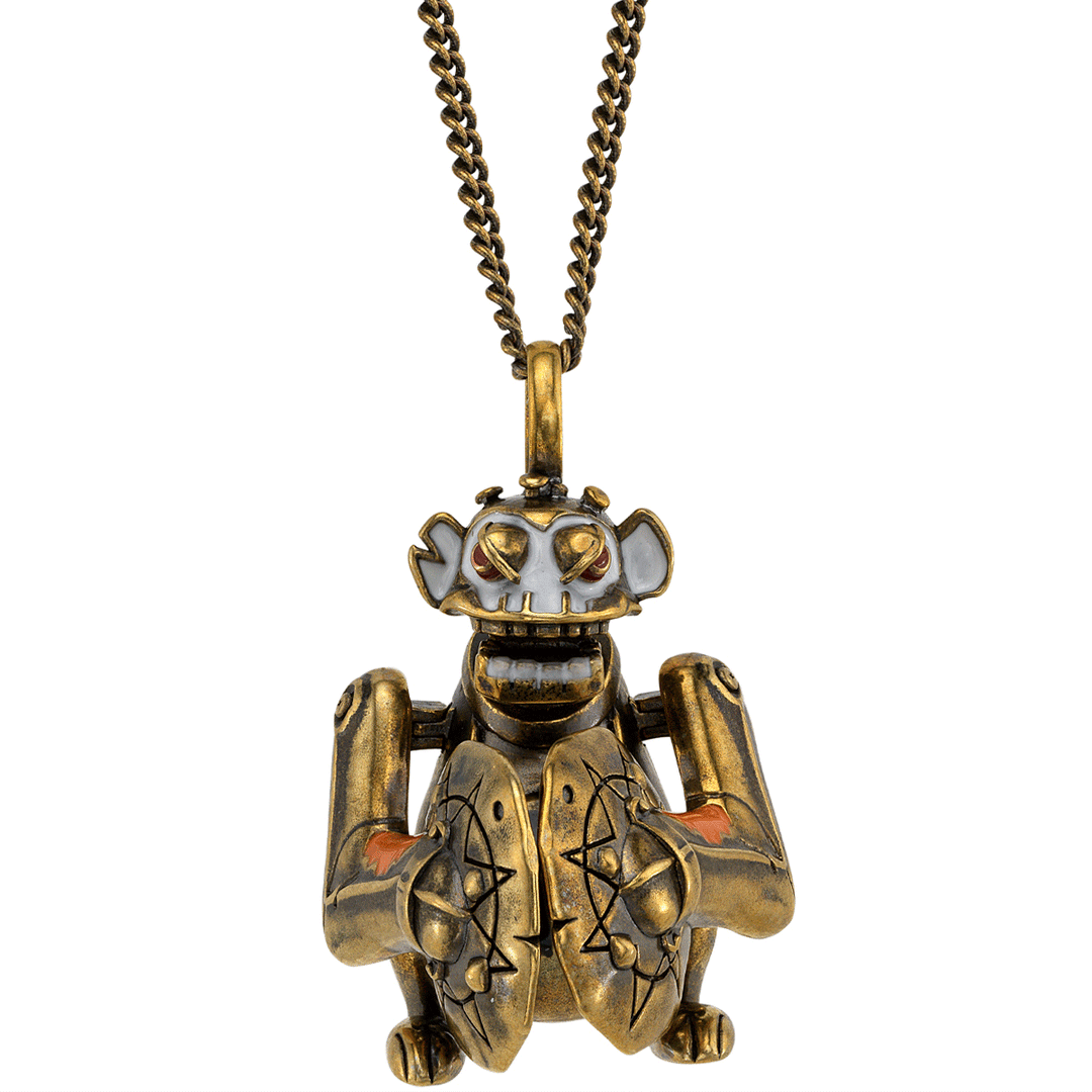 Arcane × RockLove Jinx Monkey necklace featuring bronze and enamel detail inspired by Jinx’s mechanical monkey from League of Legends: Arcane.”