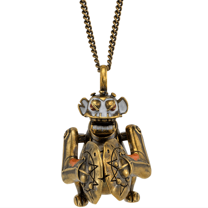 Arcane × RockLove Jinx Monkey necklace featuring bronze and enamel detail inspired by Jinx’s mechanical monkey from League of Legends: Arcane.”