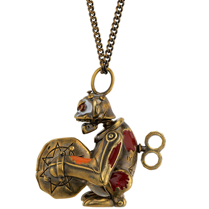 Side view of the Arcane × RockLove Jinx Monkey necklace showing detailed mechanical tail and enamel accents.