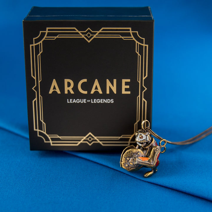 Arcane × RockLove Jinx Monkey necklace displayed in RockLove jewelry box angled view