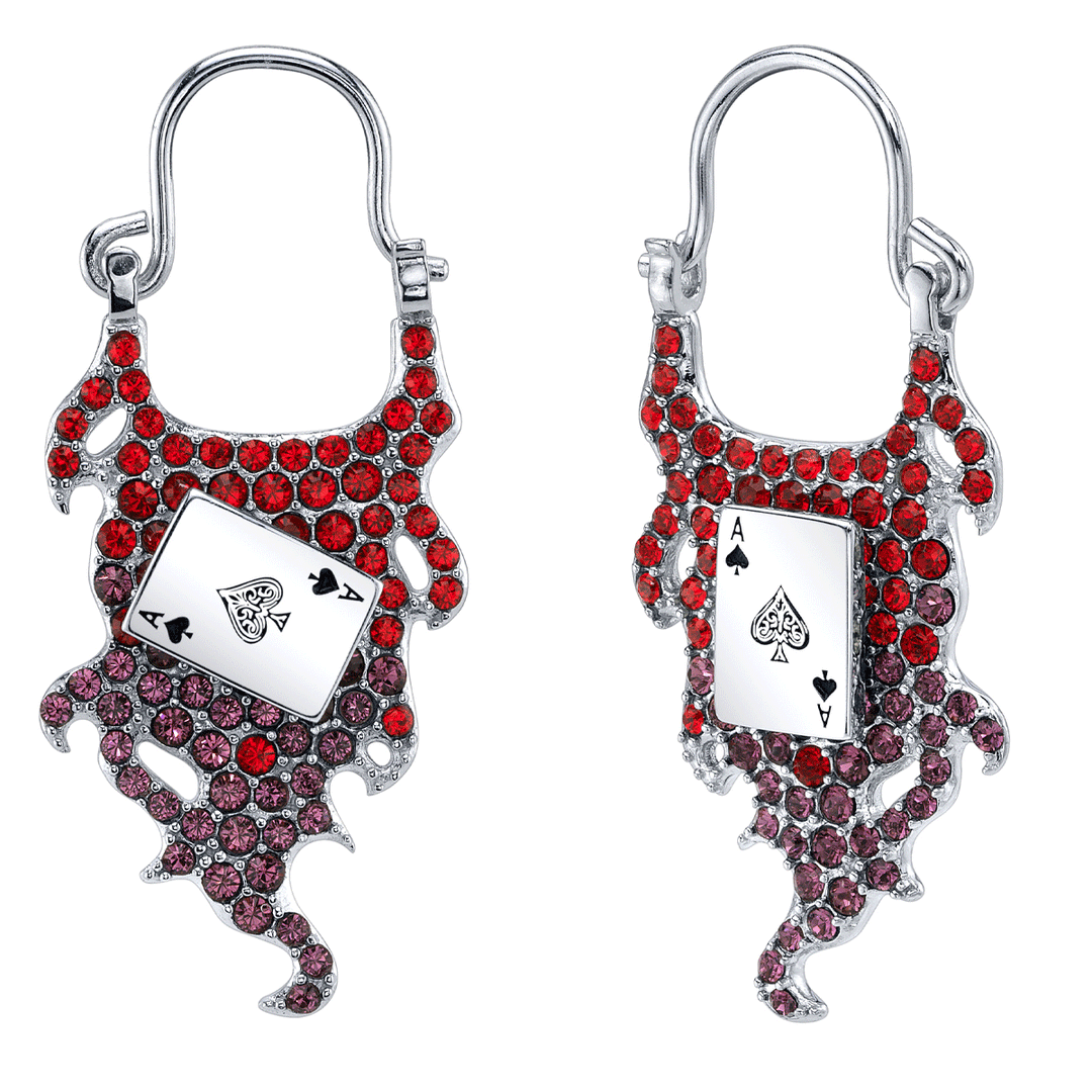 Silver Tone Playing Card Earrings With Dark Red Glass Beads – Handmade By SoniaMcD