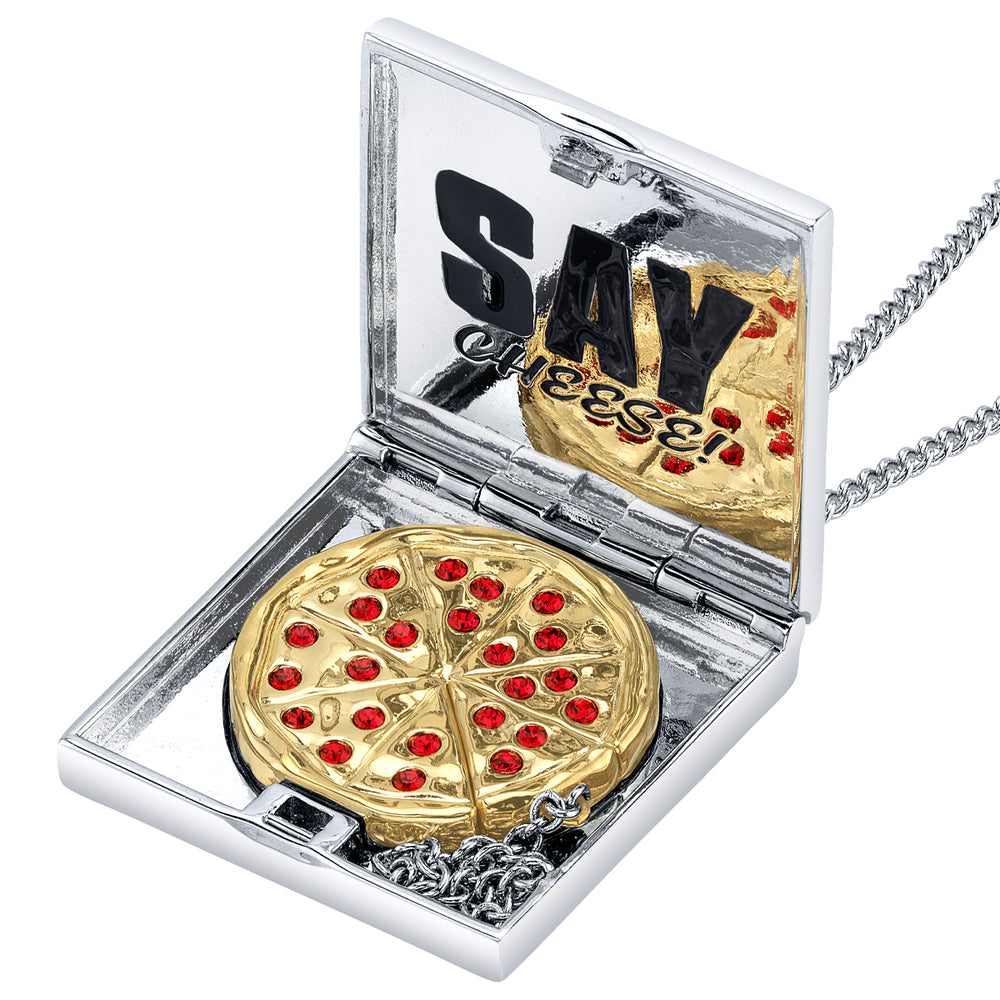 Gold pizza-shaped pendant with red stones inside a silver case, featuring the text 'Say Cheese!' on a white background.